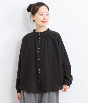 コットンローン東炊き2way襟フリル2つ並びボタンブラウス(ブラック-F)