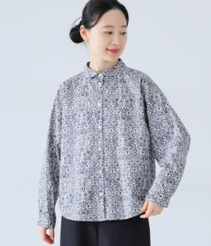 コットンプリントラウンドカラ―ブラウス(ホワイト×グレー-F)