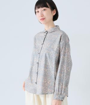 コットンプリントラウンドカラ―ブラウス(グレー×オレンジ-F)