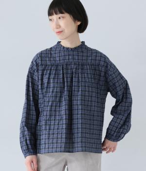 シャーリングチェックフリルブラウス(ブルー-F)