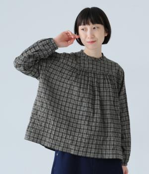 シャーリングチェックフリルブラウス(ブラック-F)