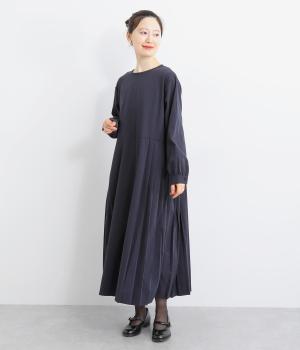 綾織ツイルクルーネックサイドプリーツワンピ―ス(ネイビー-F)