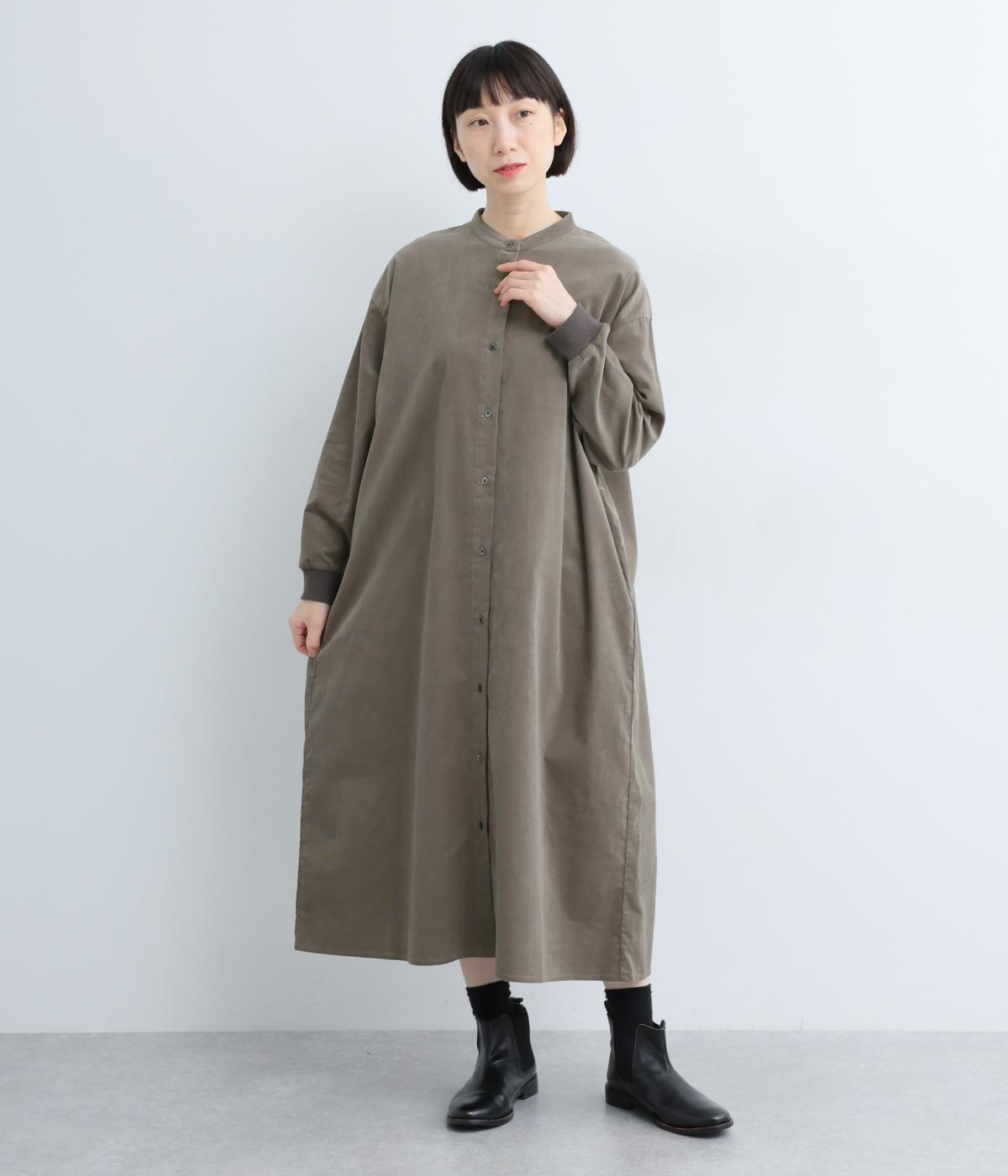 コットンシャツコール×リブシャツワンピース(グレー-F)
