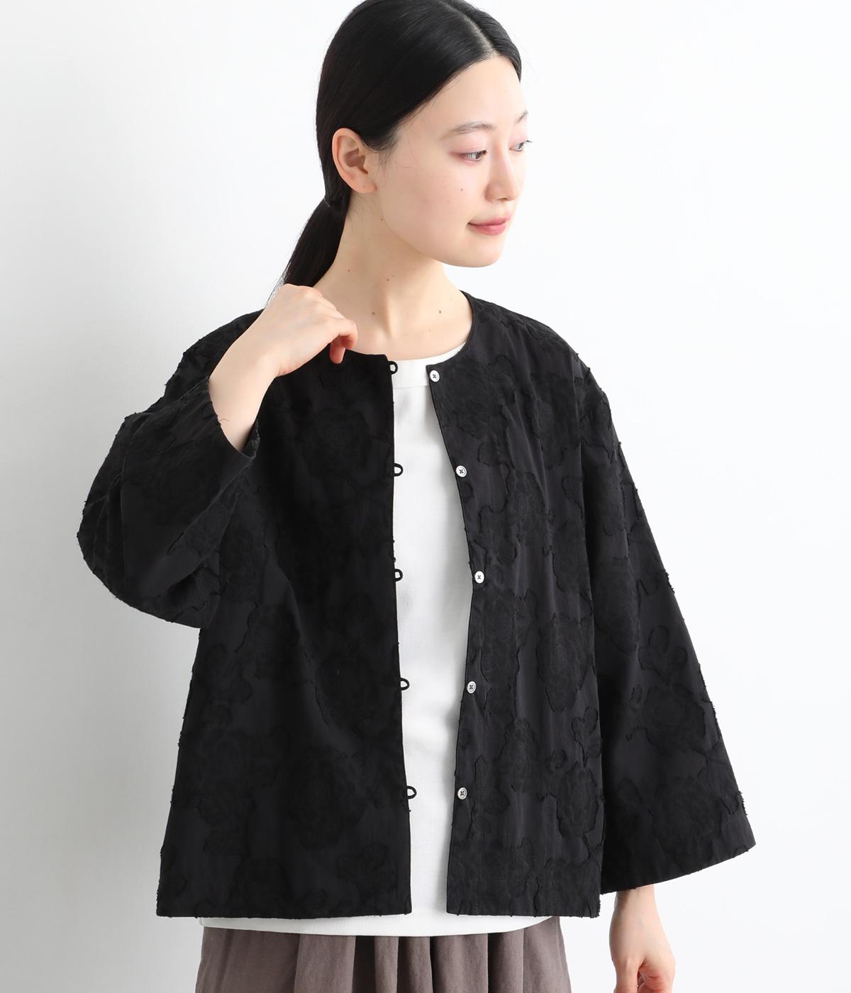 コットンリネンジャカードノーカラージャケット(ブラック-F)