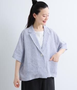 先染めフレンチリネン　テーラードジャケット(ブルーストライプ-F)