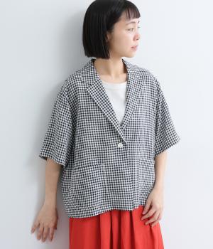 先染めフレンチリネン　テーラードジャケット(ブラックチェック-F)