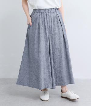 先染めシャーリング　ギャザーパンツ(ブルー-F)