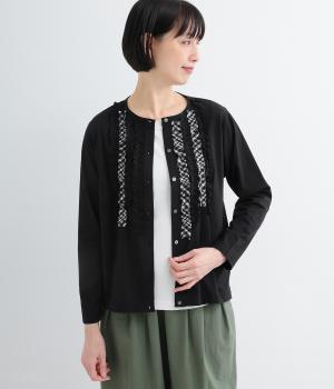 ナチュラル天竺クルーネックフリルカーディガン(ブラックチェック-F)