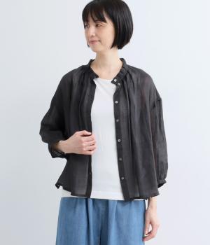 シアーリネン　タック襟ブラウス(ブラック-F)