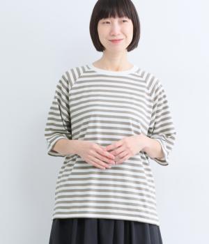 ボーダー　ラグランTシャツ(ホワイト×ベージュ-F)
