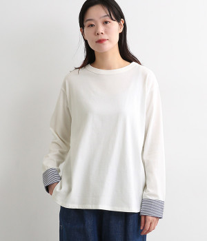 USコットン天竺布帛カフスインナーTシャツ(オフホワイト×ストライプ-ONESIZE)