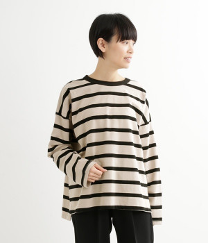 USコットンオーバーサイズロングTシャツ(キナリ×ブラック-ONESIZE)