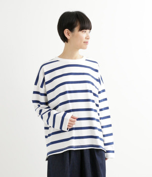 USコットンオーバーサイズロングTシャツ(オフホワイト×ブルー-ONESIZE)