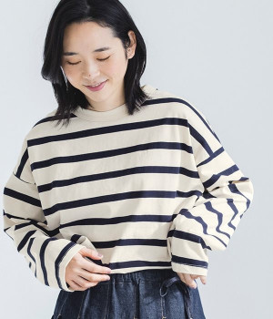 USコットンオーバーサイズロングTシャツ(キナリ×ネイビー-ONESIZE)