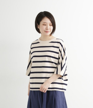 Cloche　USコットン5分袖Tシャツ(キナリ×ネイビー-ONESIZE)