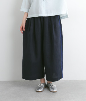 リネンサイドラインクロップドワイドパンツ(ネイビー×ダークブルー-ONESIZE)