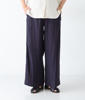ヘンプ　プリーツタックワイドパンツ(ネイビー-ONESIZE)