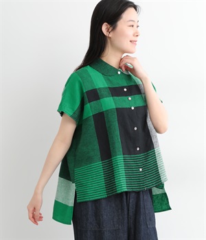 Ciel ronde リネンパネルチェックブラウス(グリーン-ONESIZE)