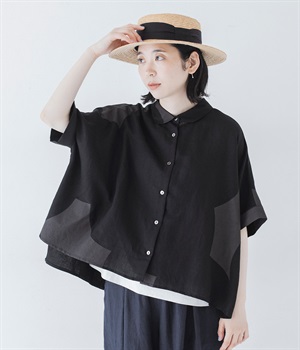 Cielリネンレーヨンもくもくプリントシャツ(ブラック-ONESIZE)