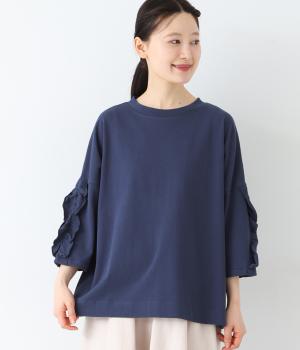 コットン天竺　フリル6分袖Tシャツ(ダークブルー-ONESIZE)
