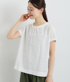 空紡糸天竺×布帛　フレンチスリーブTシャツ(オフホワイト-ONESIZE)