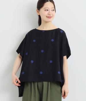 リネンレーヨンpolka刺繍　ノーカラートップス(ネイビー-ONESIZE)