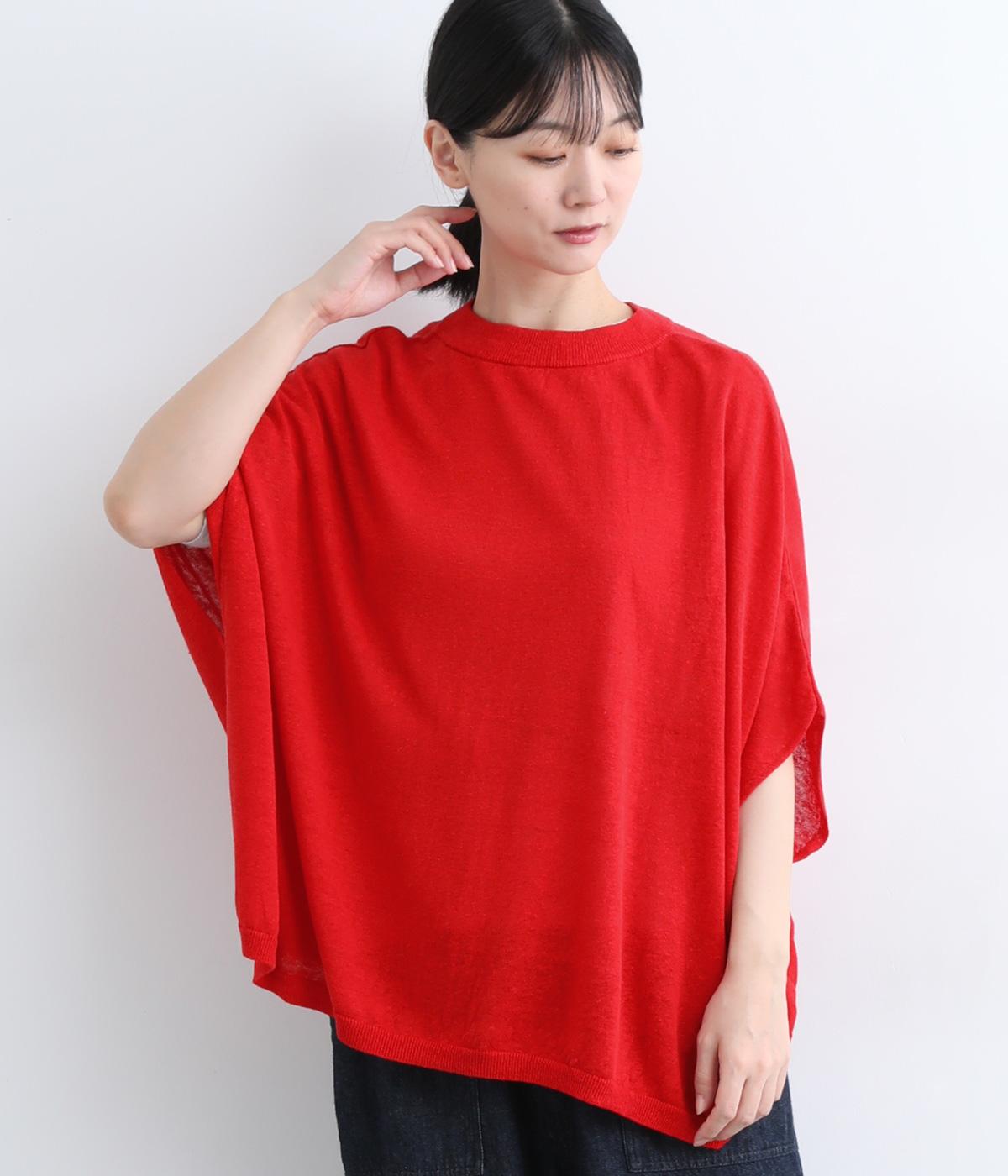 リネンレーヨン　6分袖2wayポンチョニット(レッド-ONESIZE)