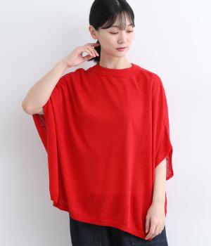 リネンレーヨン　6分袖2wayポンチョニット(レッド-ONESIZE)