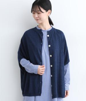 リネンレーヨン　6分袖2wayポンチョニット(ネイビー-ONESIZE)