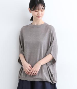 リネンレーヨン　6分袖2wayポンチョニット(グレー-ONESIZE)