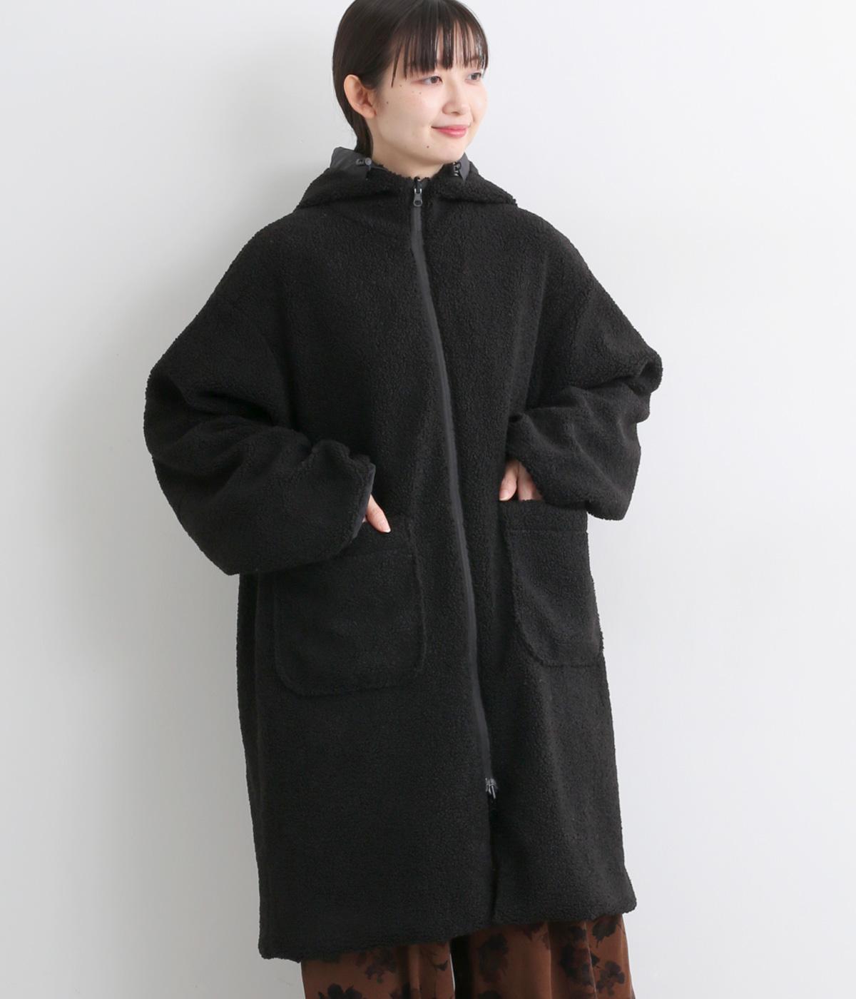 ナイロンタフタ×フリースボア　リバーシブルフードコート(ブラック-F)