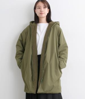 ナイロンタフタ×フリースボア　リバーシブルフードコート(カーキ-F)