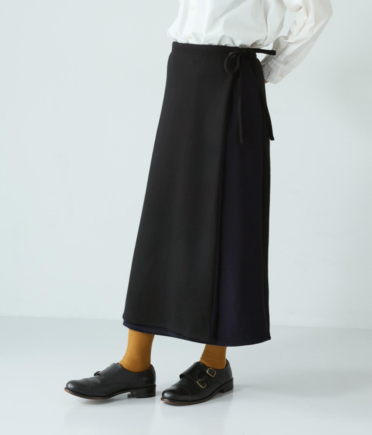 ウール圧縮天竺2wayラップスカート(ブラック-F)