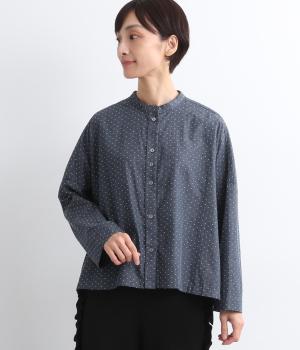 Cielドットドビースタンドカラー9分袖シャツ(ネイビー-F)