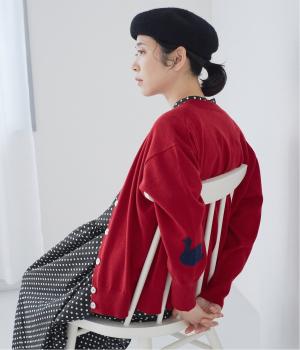 左袖スワンインターシャクルーカーディガン(レッド-F)