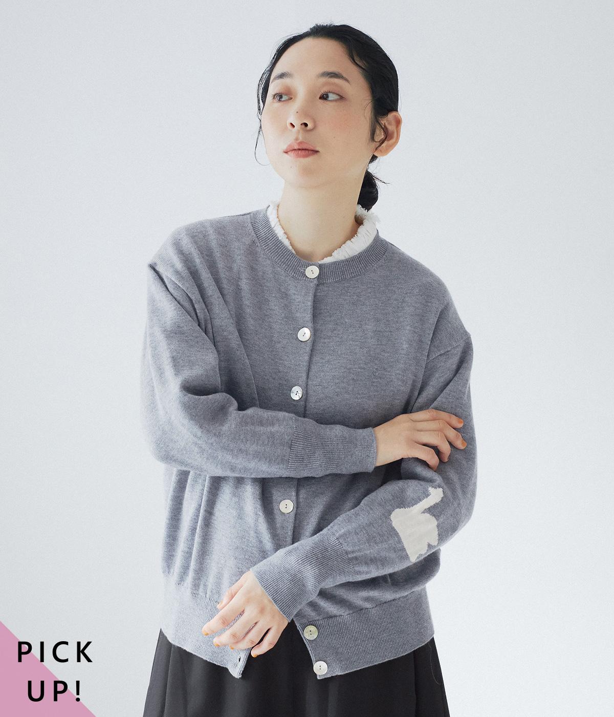 左袖スワンインターシャクルーカーディガン(グレー-F)