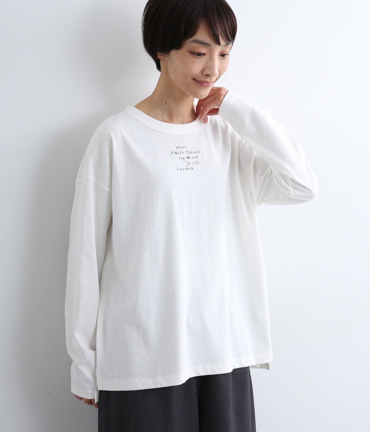 USコットン　書き文字ロゴ刺繍ロングTシャツ(オフホワイト-F)