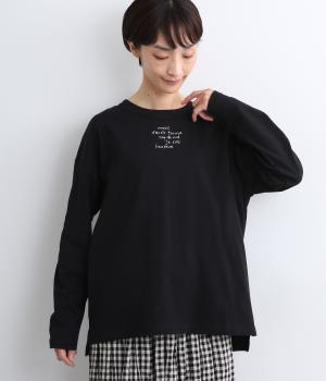USコットン　書き文字ロゴ刺繍ロングTシャツ(ブラック-F)