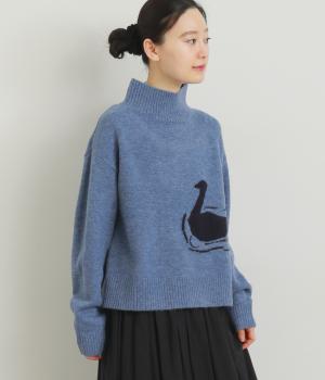 スワンインターシャハイネックセーター(ブルー-F)
