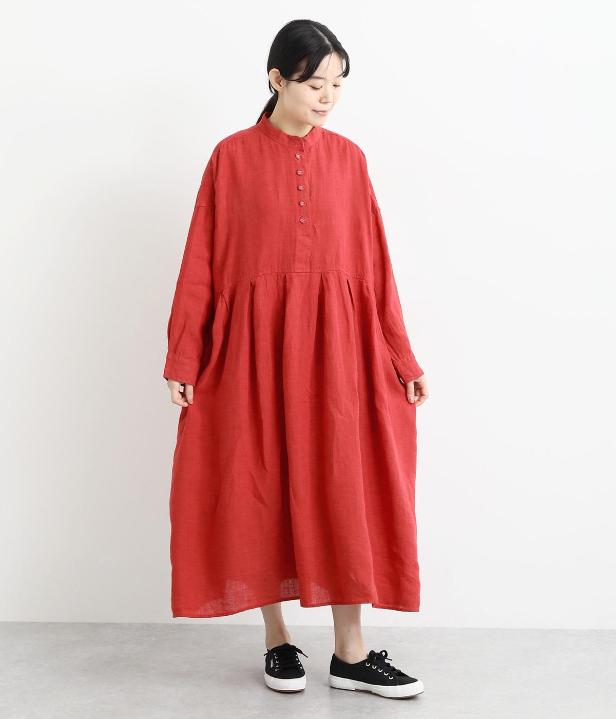 リネンバンドカラーシャツワンピース(レッド-F)