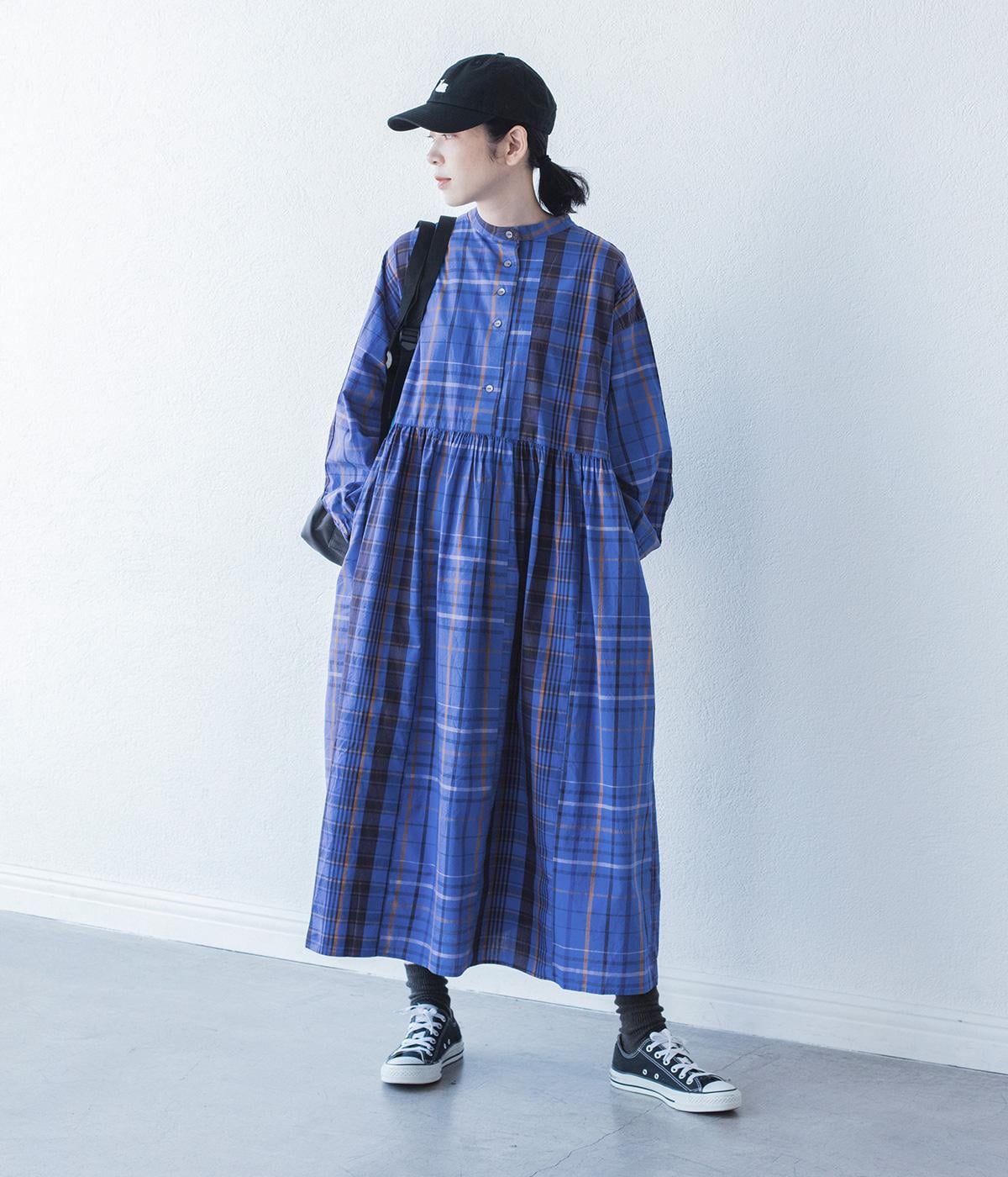 misc　タイプライターオリジナルチェック　2way切り替えワンピース(ブルーmisc-F)