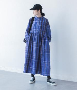 misc　タイプライターオリジナルチェック　2way切り替えワンピース(ブルーmisc-F)