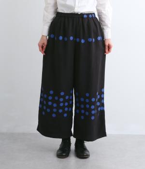 リネンレーヨンパネルドット9分丈パンツ(ブラック-F)