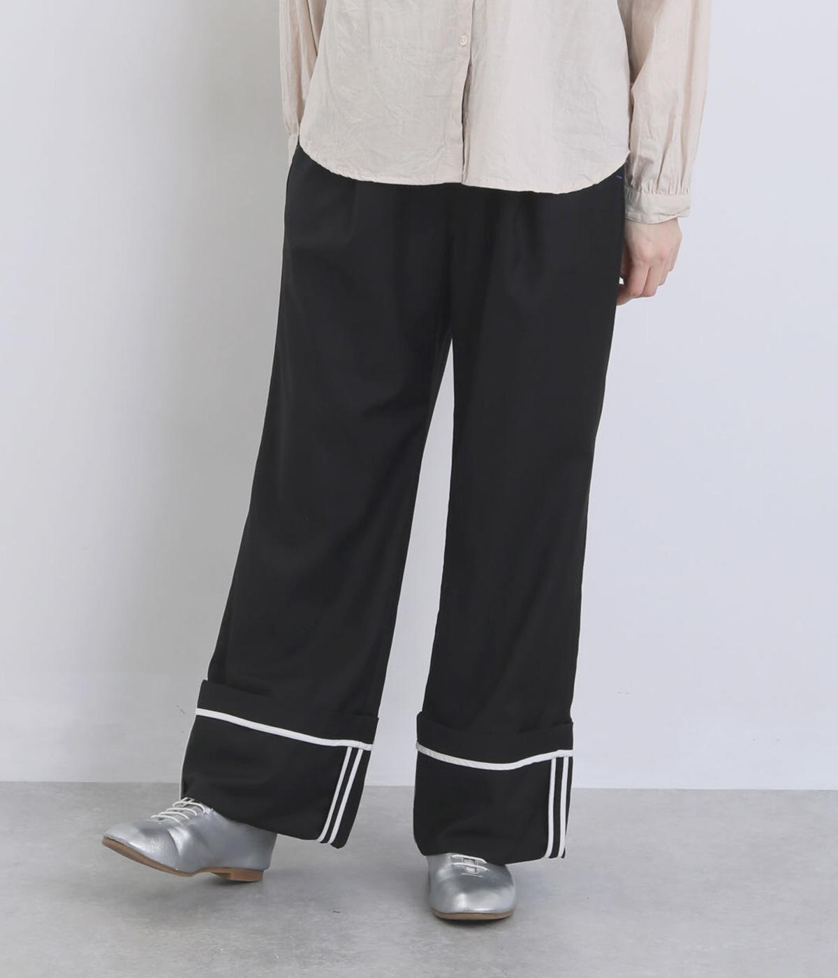 ポリエステルレーヨンサージロールアップパイピングパンツ(ブラック-F)