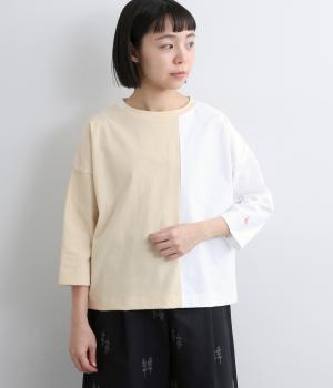 コットン天竺バイカラー7分袖Tシャツ(キナリ-F)