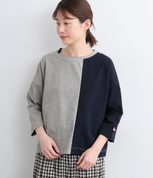 コットン天竺バイカラー7分袖Tシャツ(グレー-F)