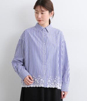 タイプライター裾刺繍クロップドシャツ(ストライプ-F)