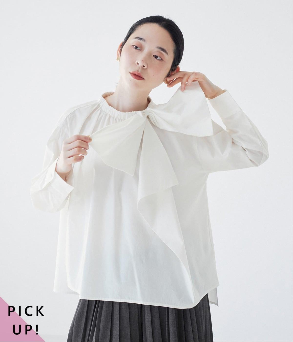 テンセルコットンアシメトリーリボンブラウス