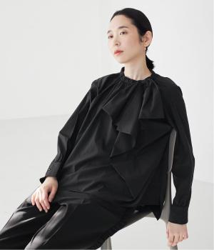 テンセルコットンアシメトリーリボンブラウス(ブラック-F)