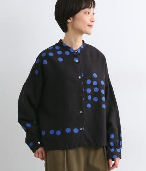 リネンレーヨンパネルドットシャツ(ブラック-F)